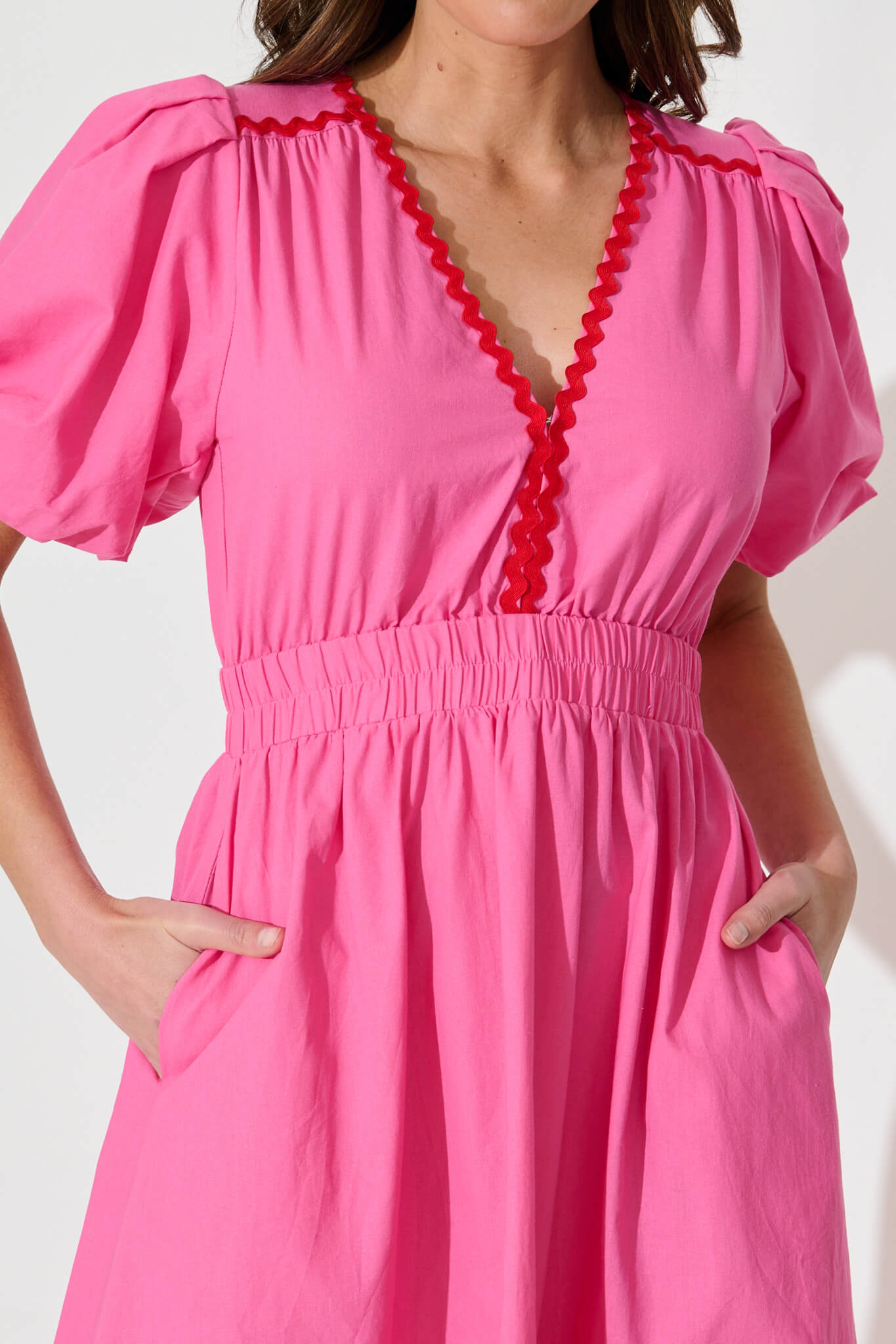 Pink Maxi Dress with Red Ric Rac Trim - Cotton Blend