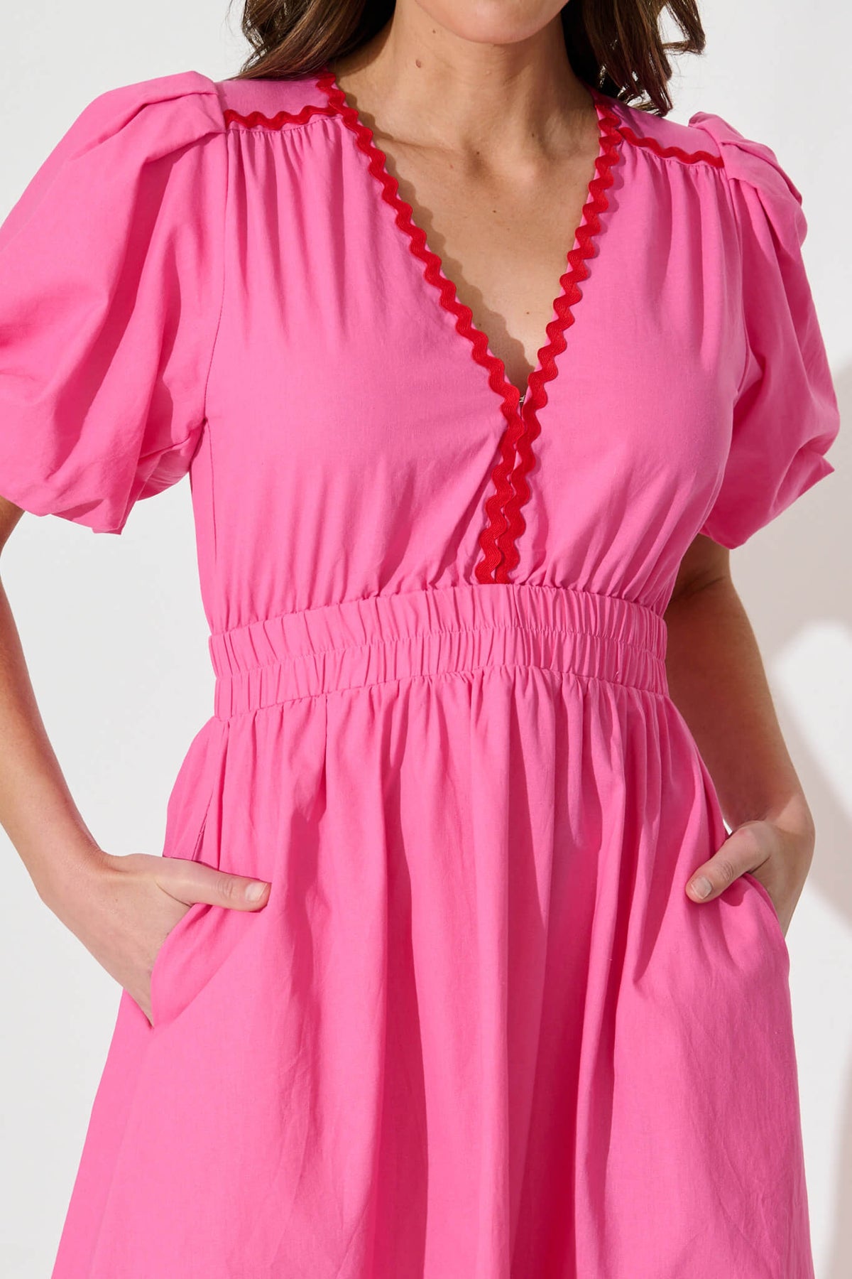 Pink Maxi Dress with Red Ric Rac Trim - Cotton Blend