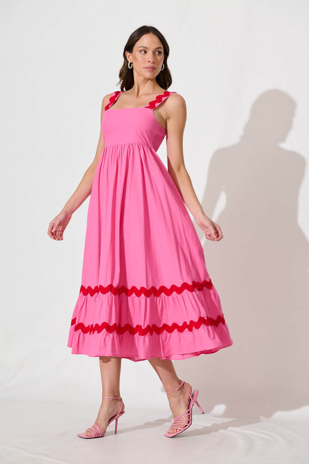 Pink Midi Sundress with Red Trim - Cotton