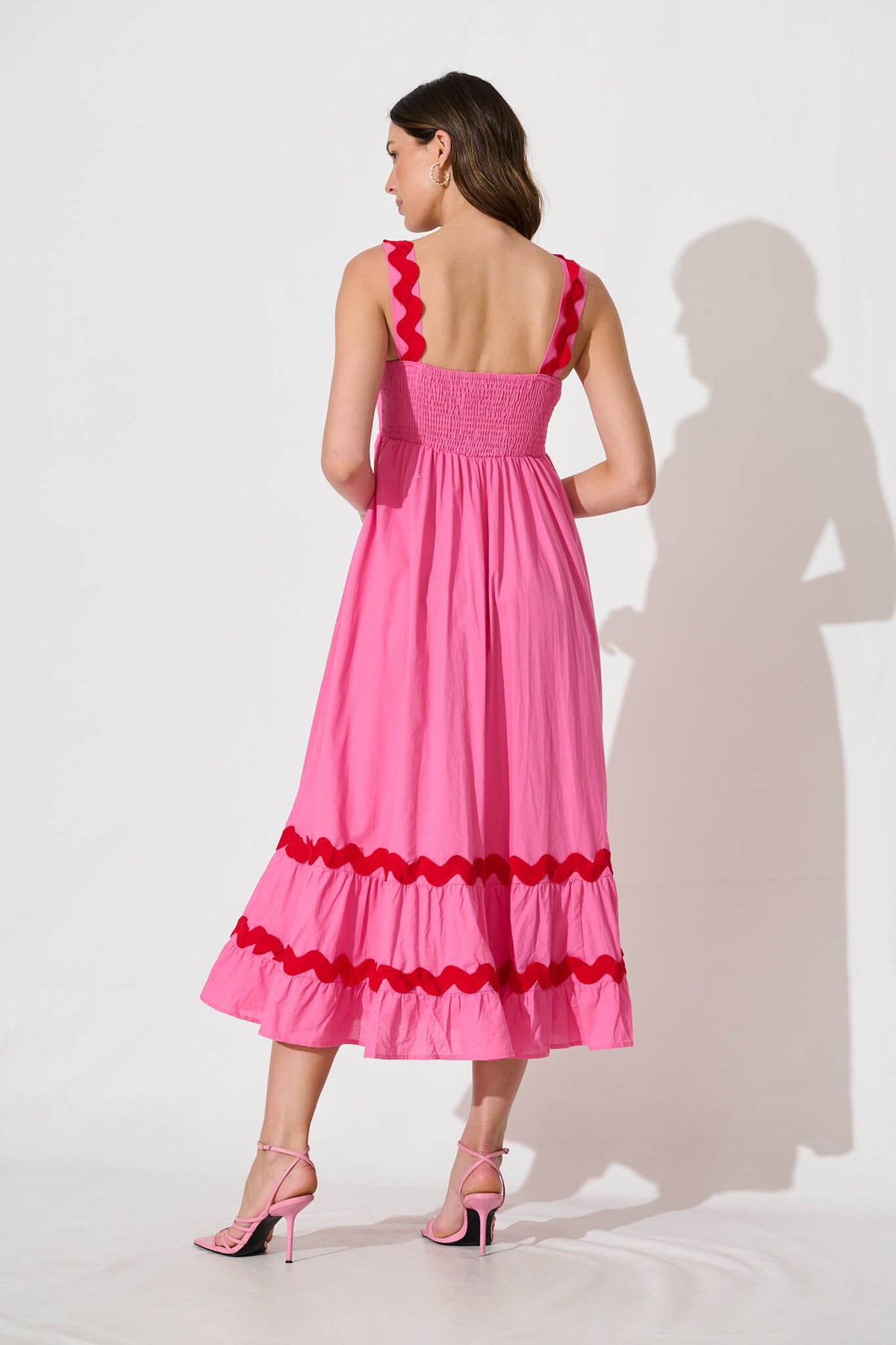 Pink Midi Sundress with Red Trim - Cotton