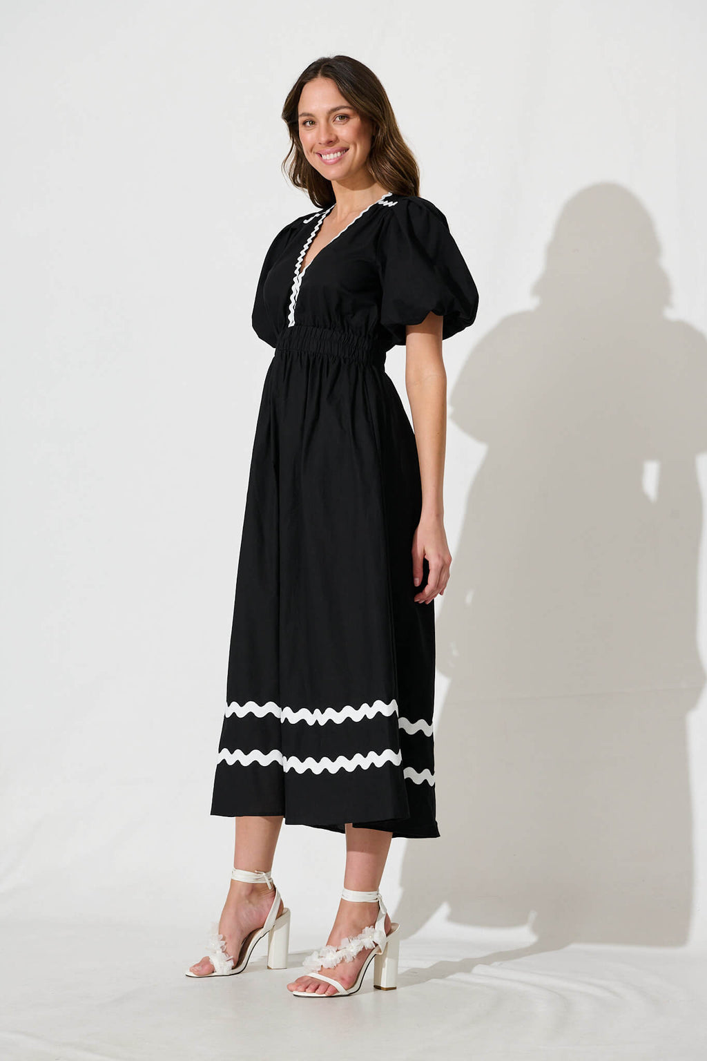 Black Maxi Dress with White Trim - Cotton Fabric