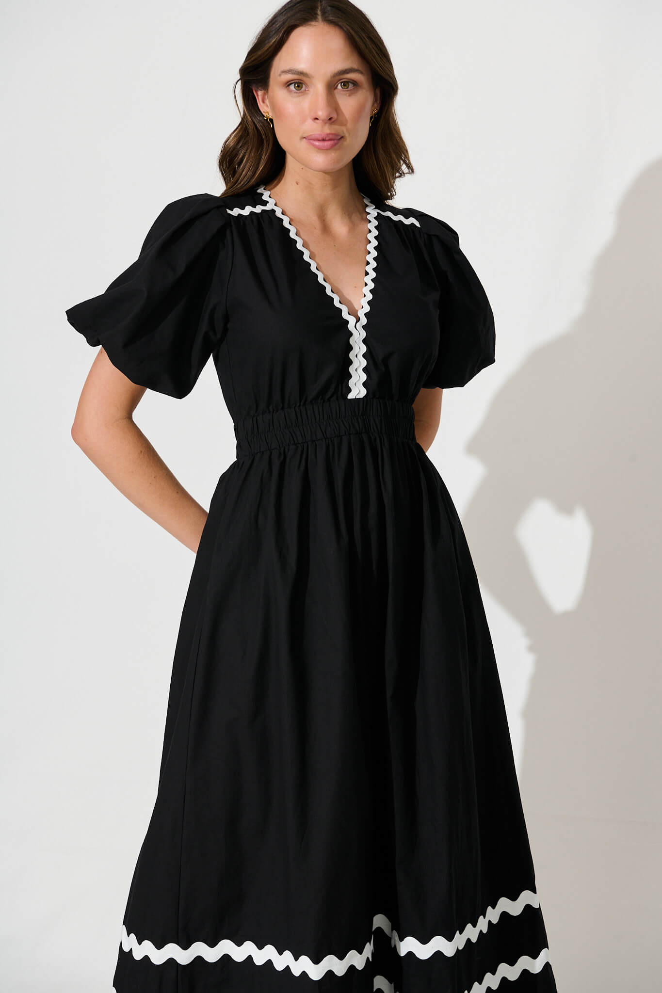 Black Maxi Dress with White Trim - Cotton Fabric
