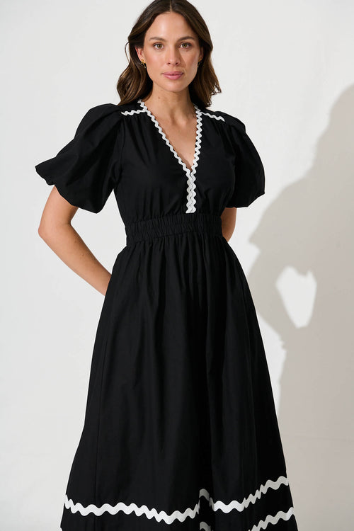 Black Maxi Dress with White Trim - Cotton Fabric