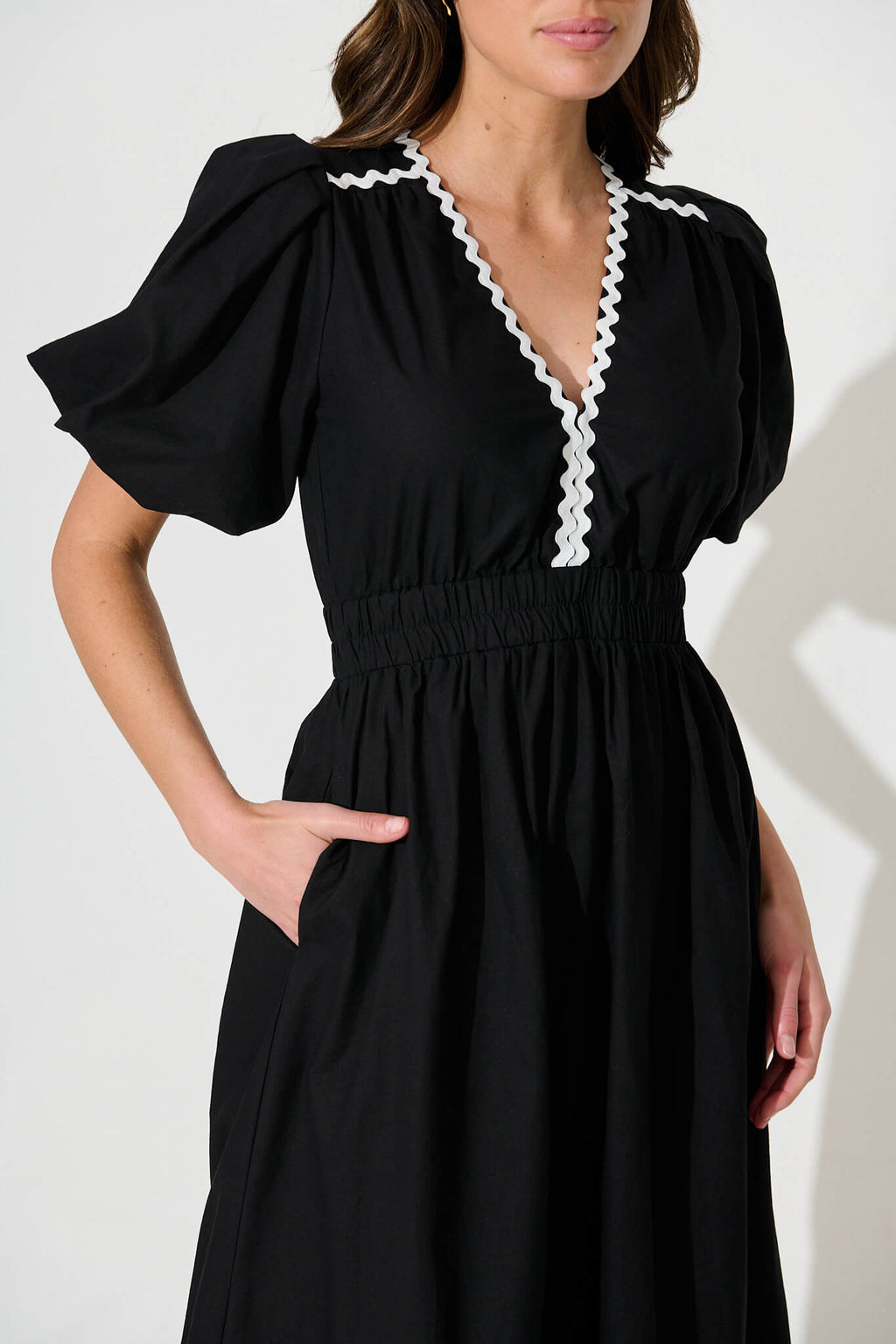 Black Maxi Dress with White Trim - Cotton Fabric