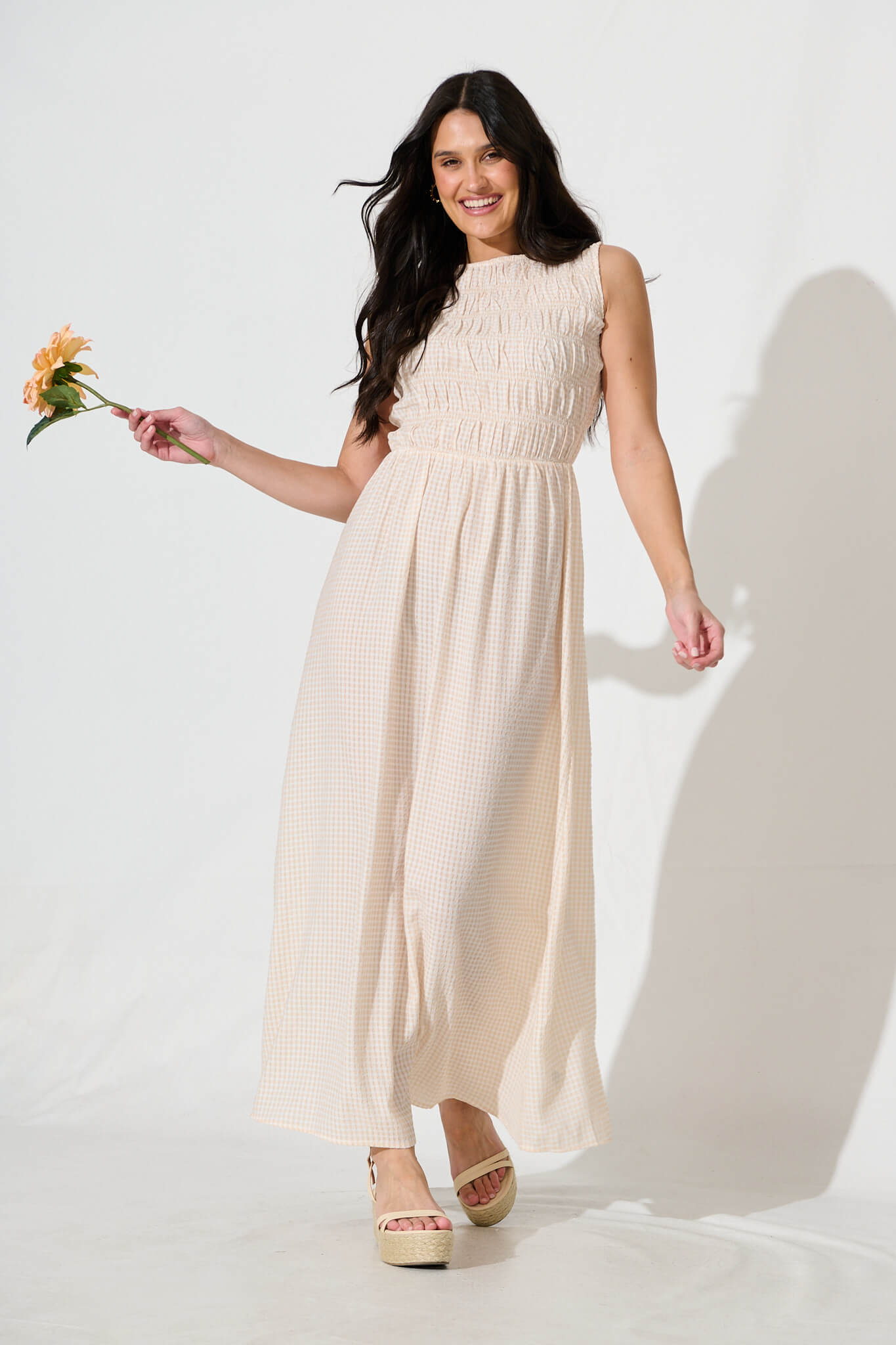 Beige & White Gingham Maxi Dress