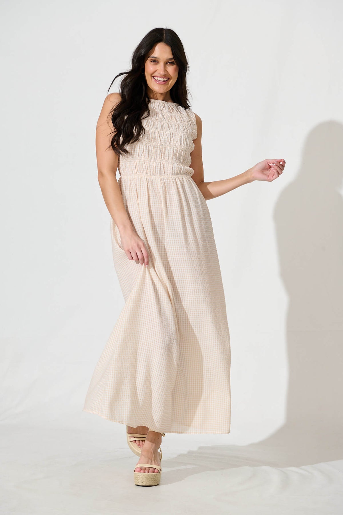 Beige & White Gingham Maxi Dress