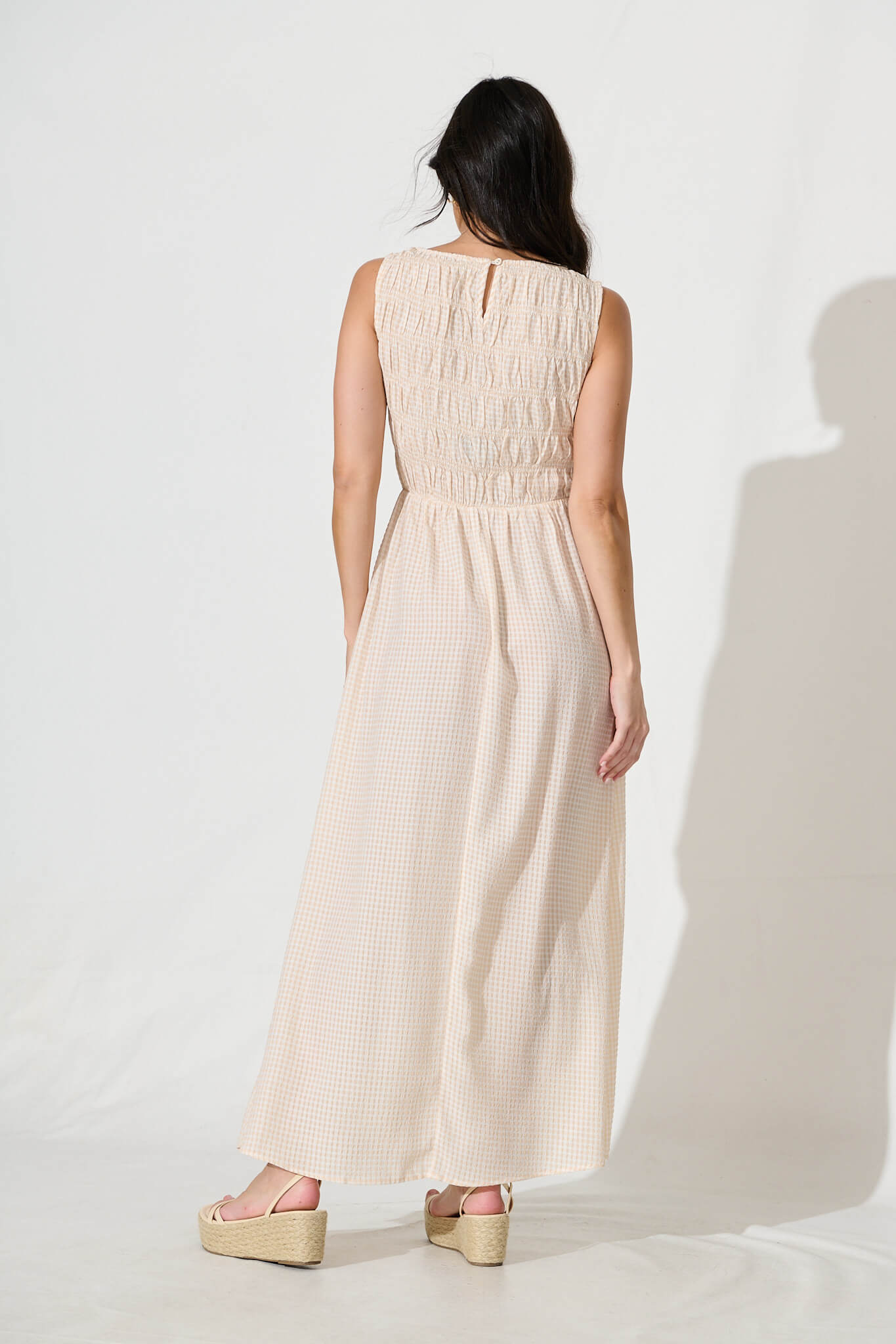 Beige & White Gingham Maxi Dress