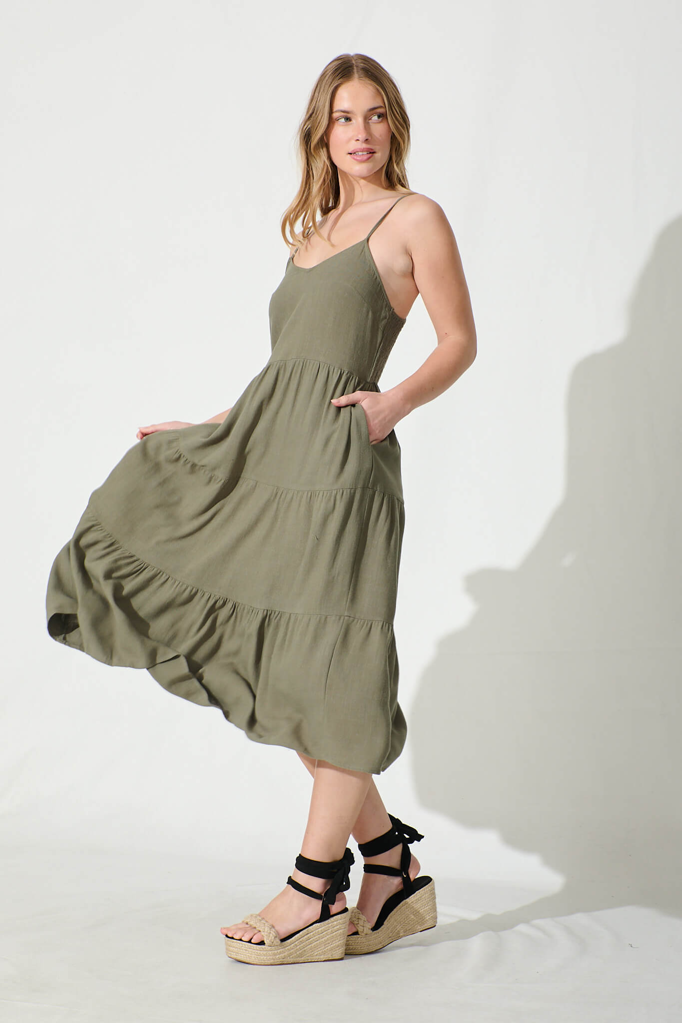 Khaki Linen Blend Midi Sundress for Women