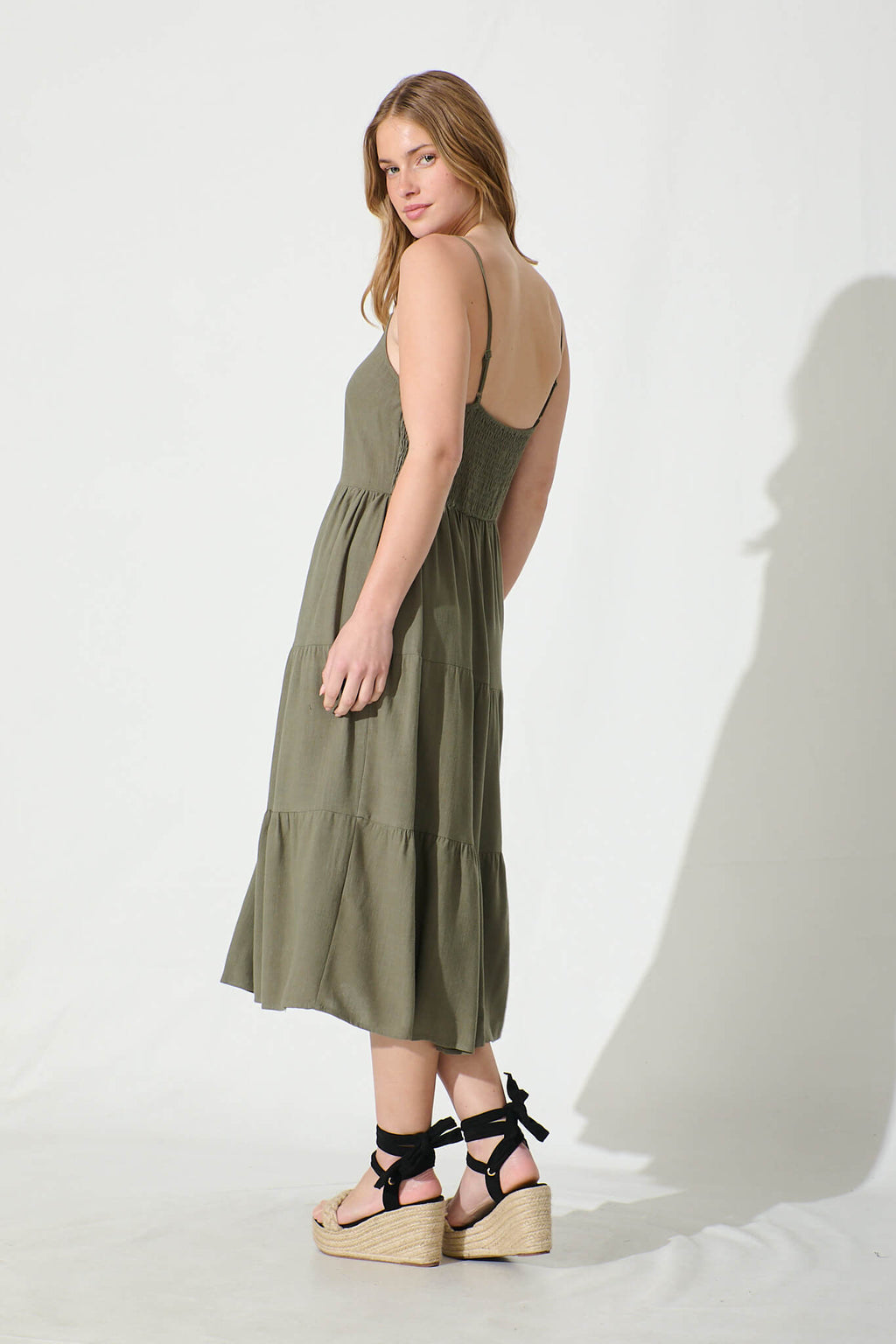 Khaki Linen Blend Midi Sundress for Women