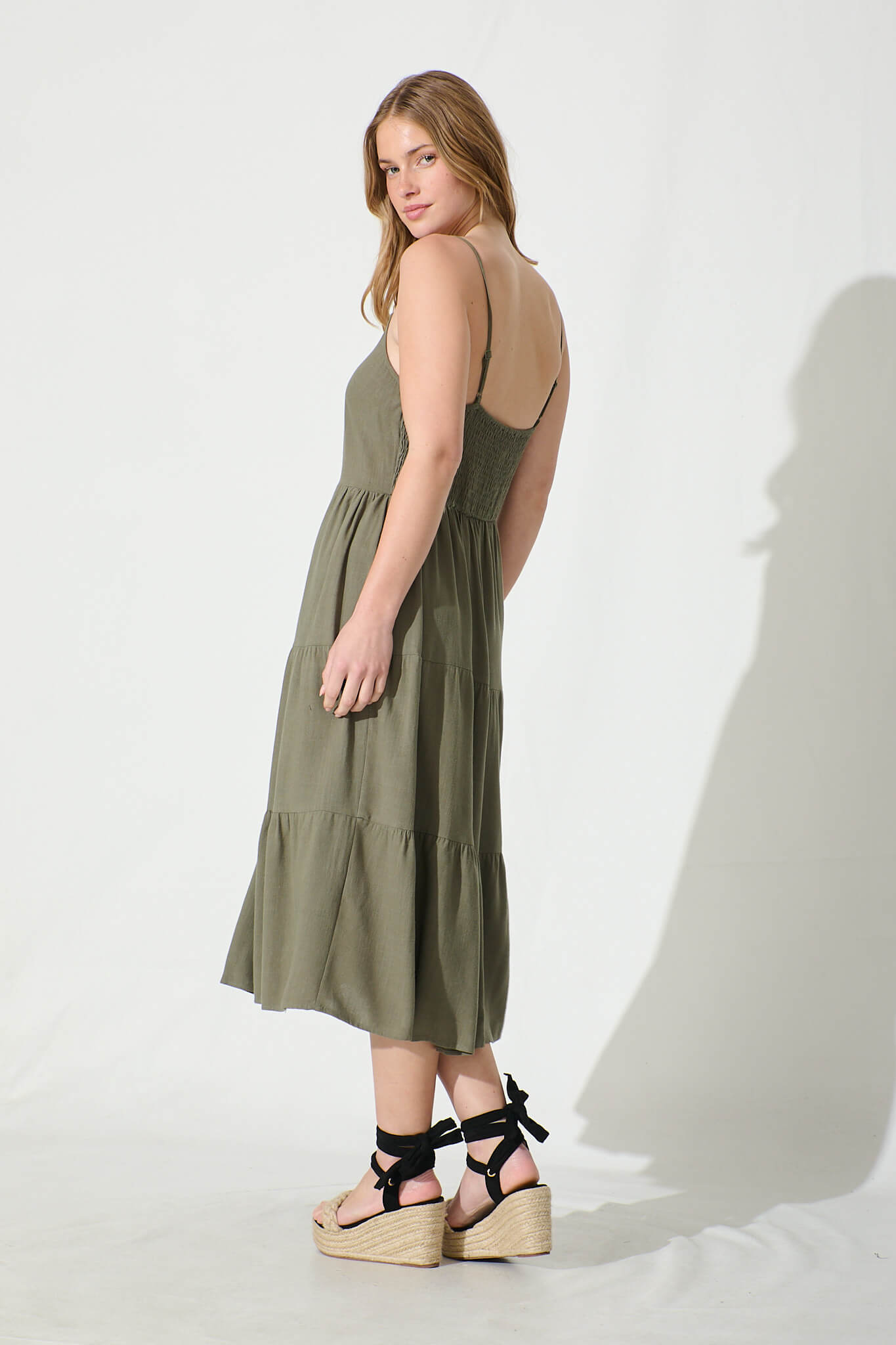 Khaki Linen Blend Midi Sundress for Women