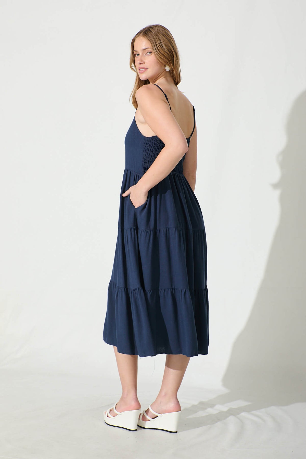 Navy Linen Blend Midi Dress for a Perfect Summer Look