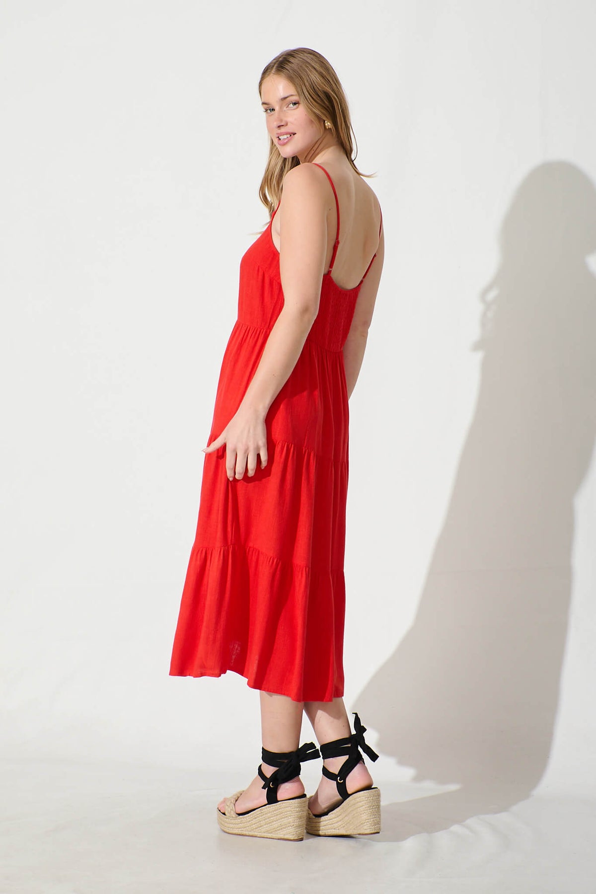 Red Linen Blend Midi Sundress - Utopia Style