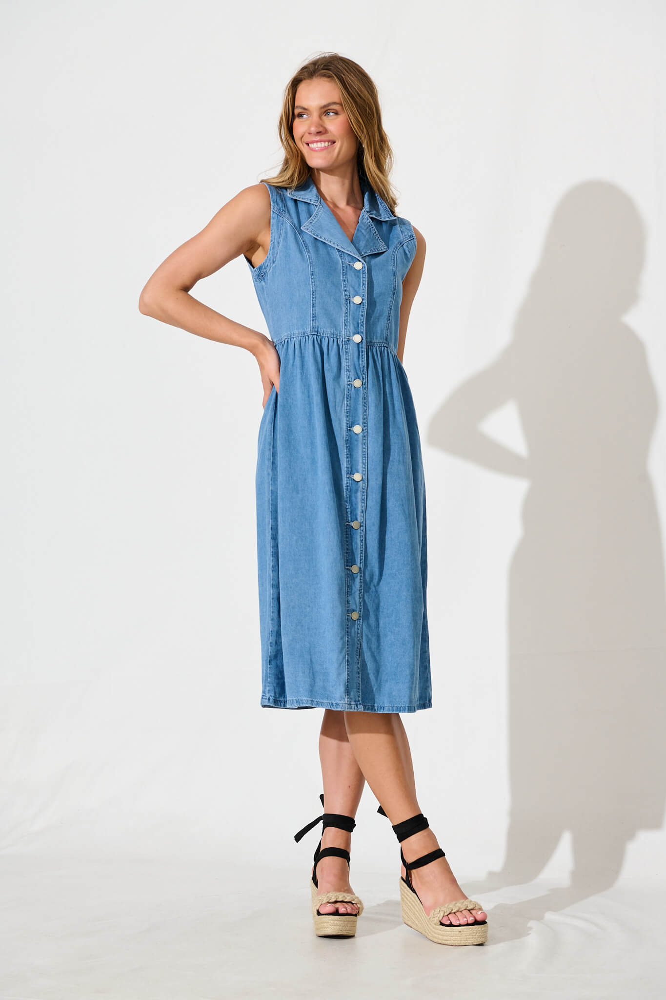 Blue Denim Midi Shirt Dress