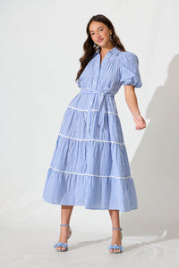 Blue Striped Cotton Midi Shirt Dress