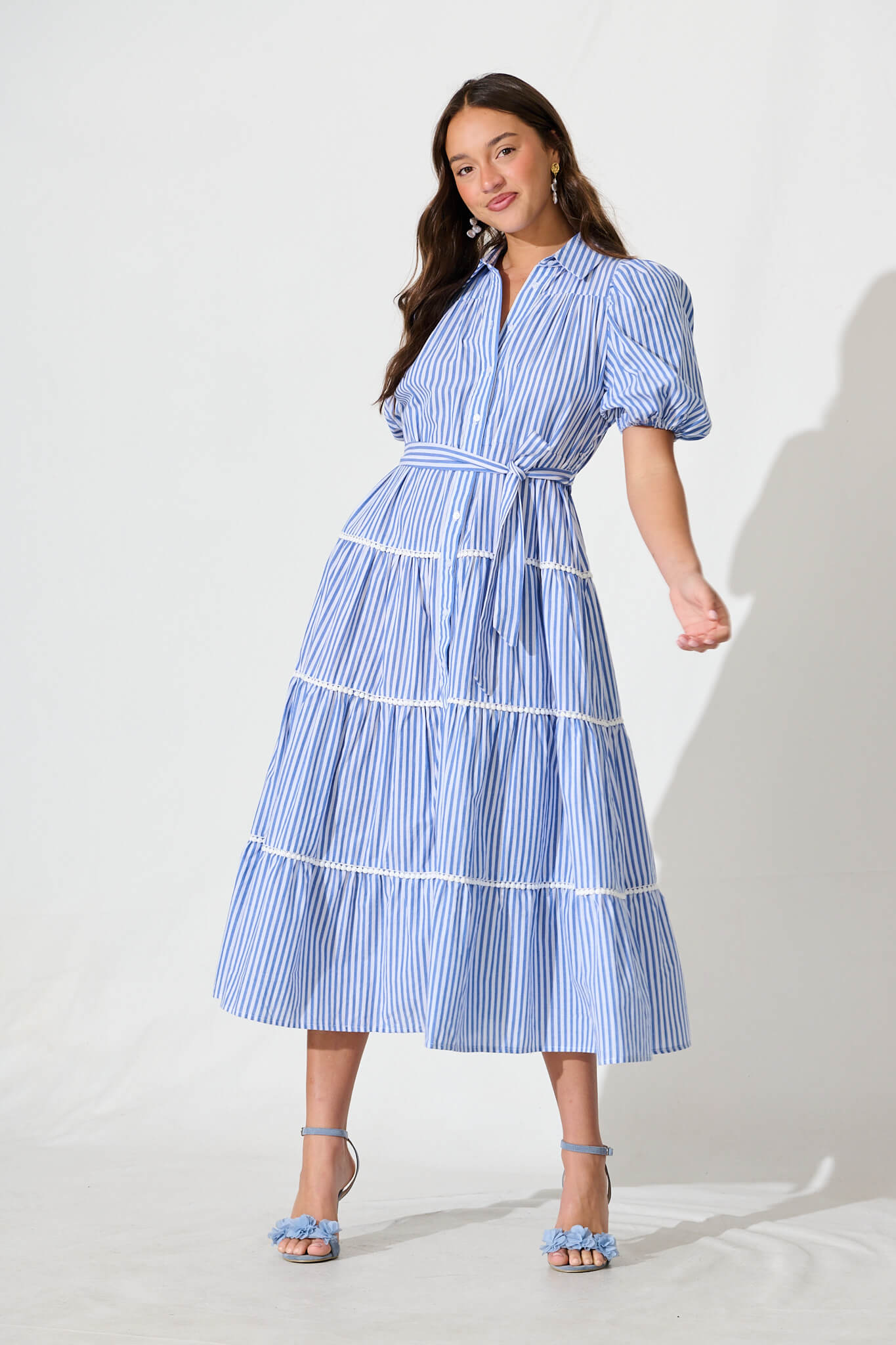 Blue Striped Cotton Midi Shirt Dress