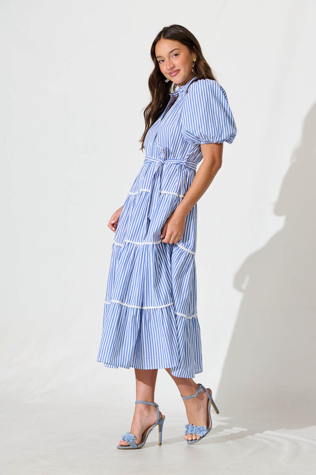 Blue Striped Cotton Midi Shirt Dress