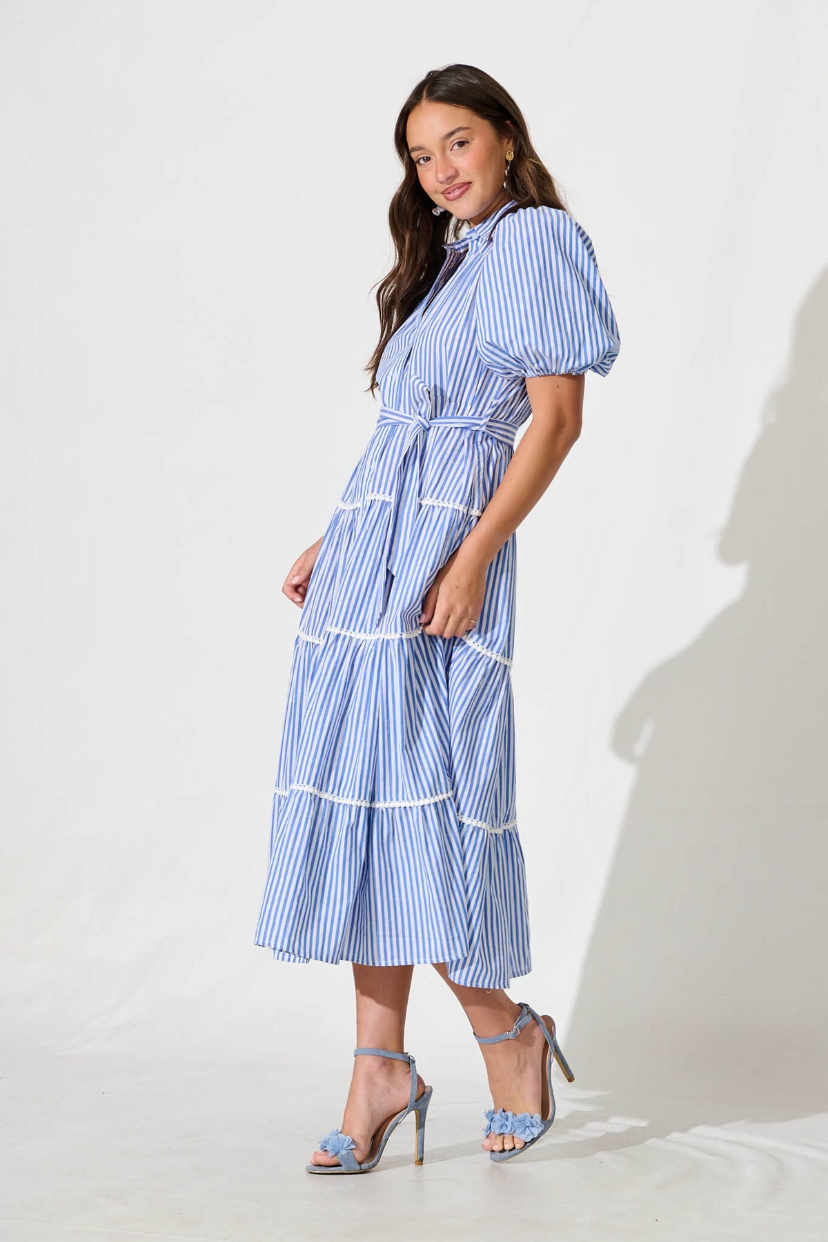 Blue Striped Cotton Midi Shirt Dress
