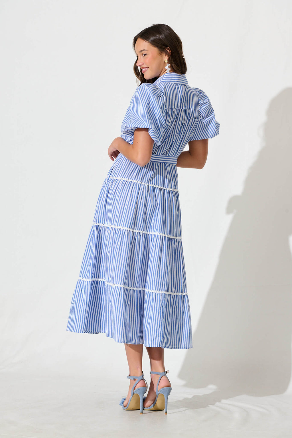 Blue Striped Cotton Midi Shirt Dress
