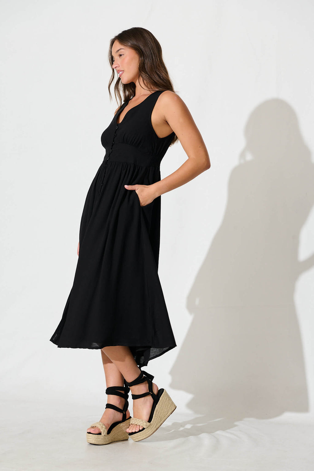 Black Linen Cotton Midi Dress - Ryland