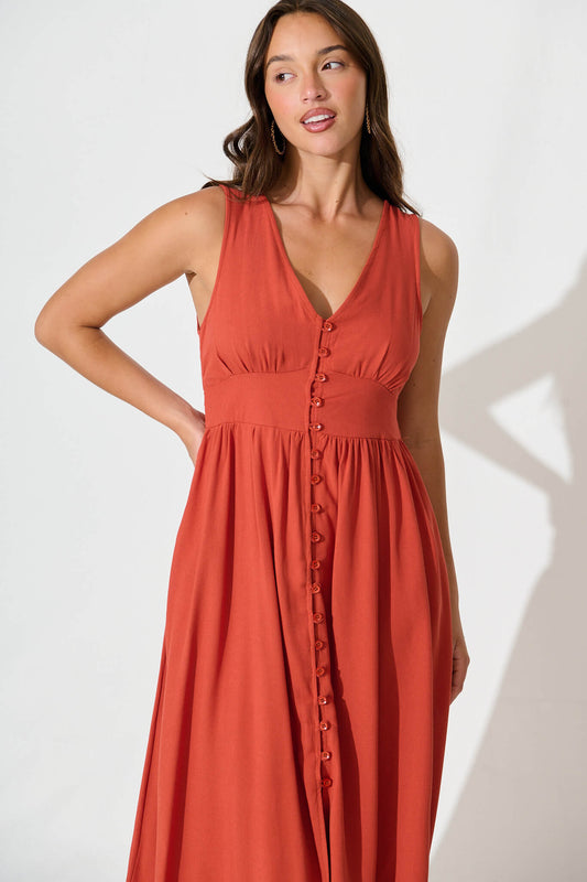 Rust Linen Cotton Midi Dress by Ryland