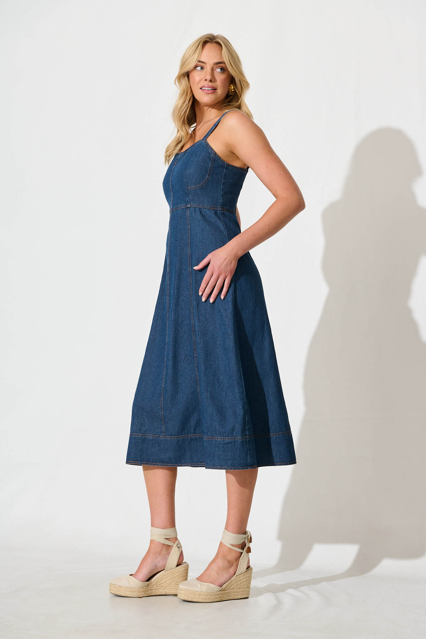 Dark Blue Denim Midi Sun Dress by Felina