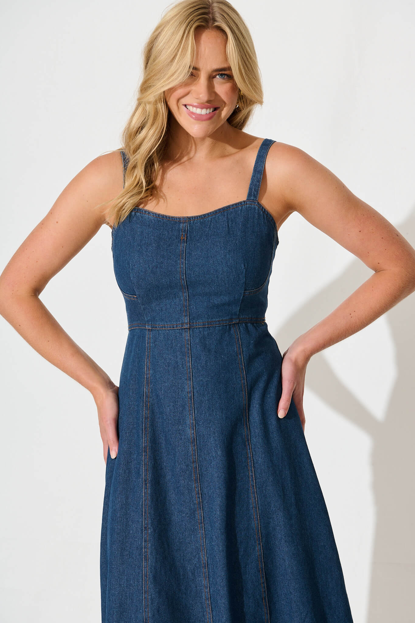 Dark Blue Denim Midi Sun Dress by Felina