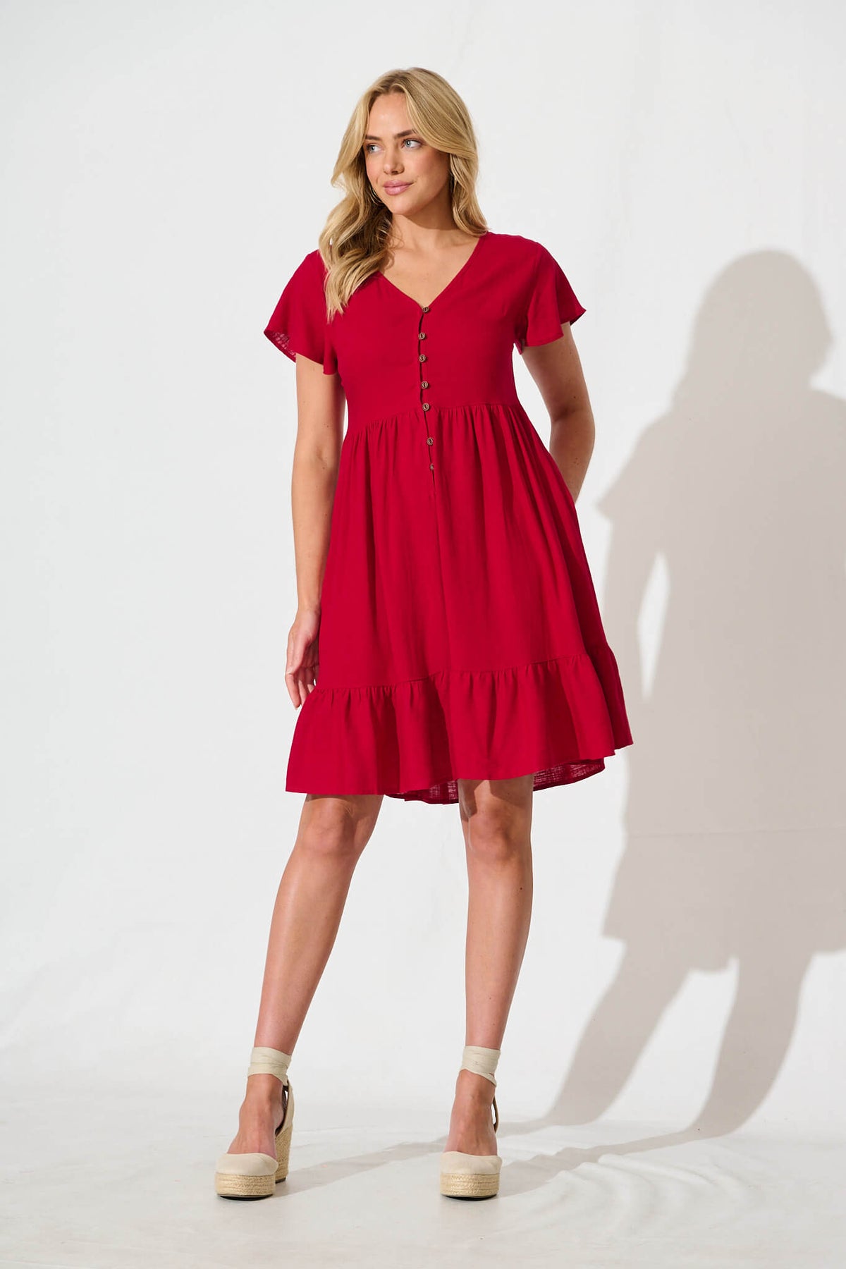 Red Linen Blend Smock Dress