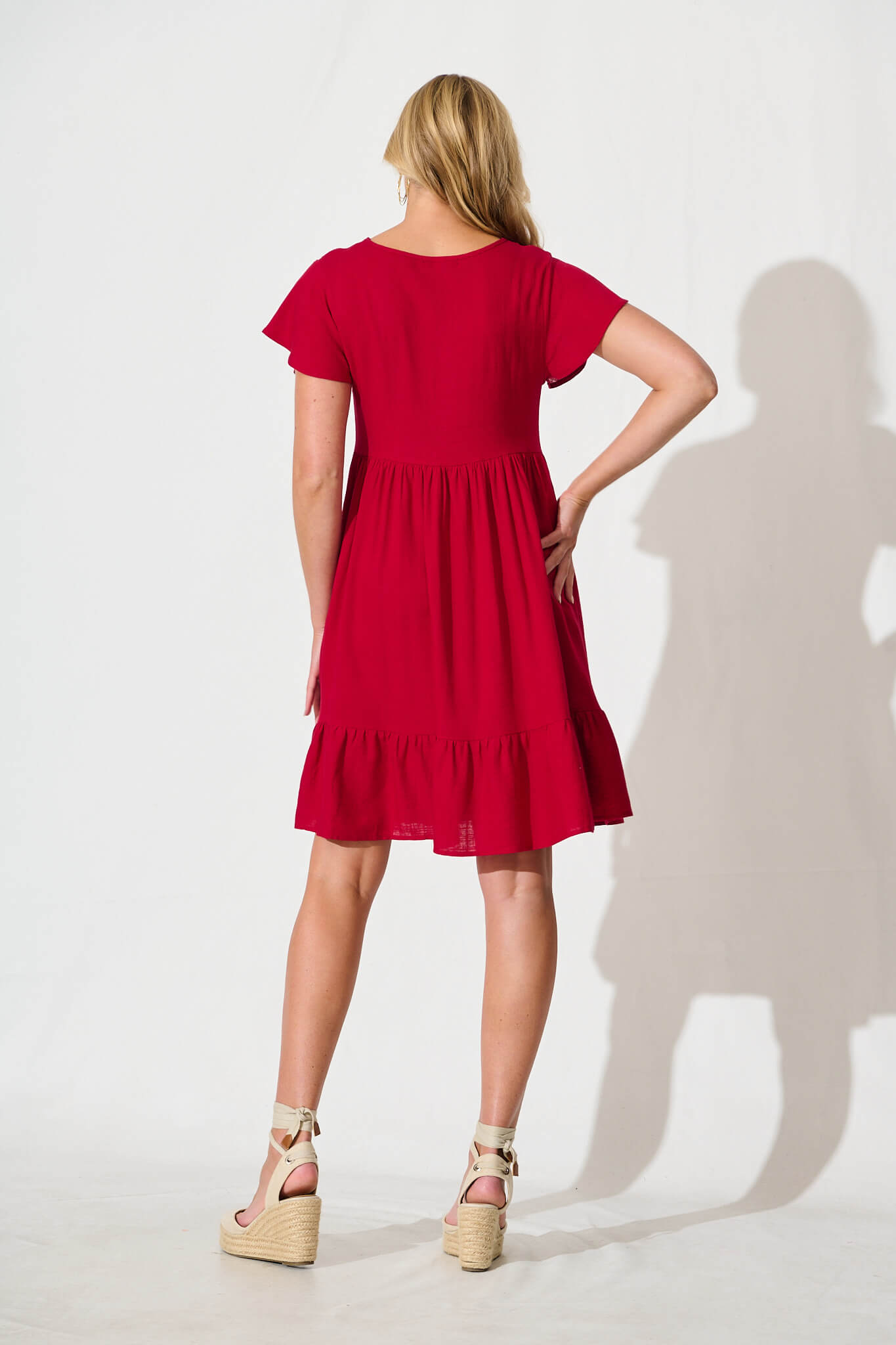 Red Linen Blend Smock Dress