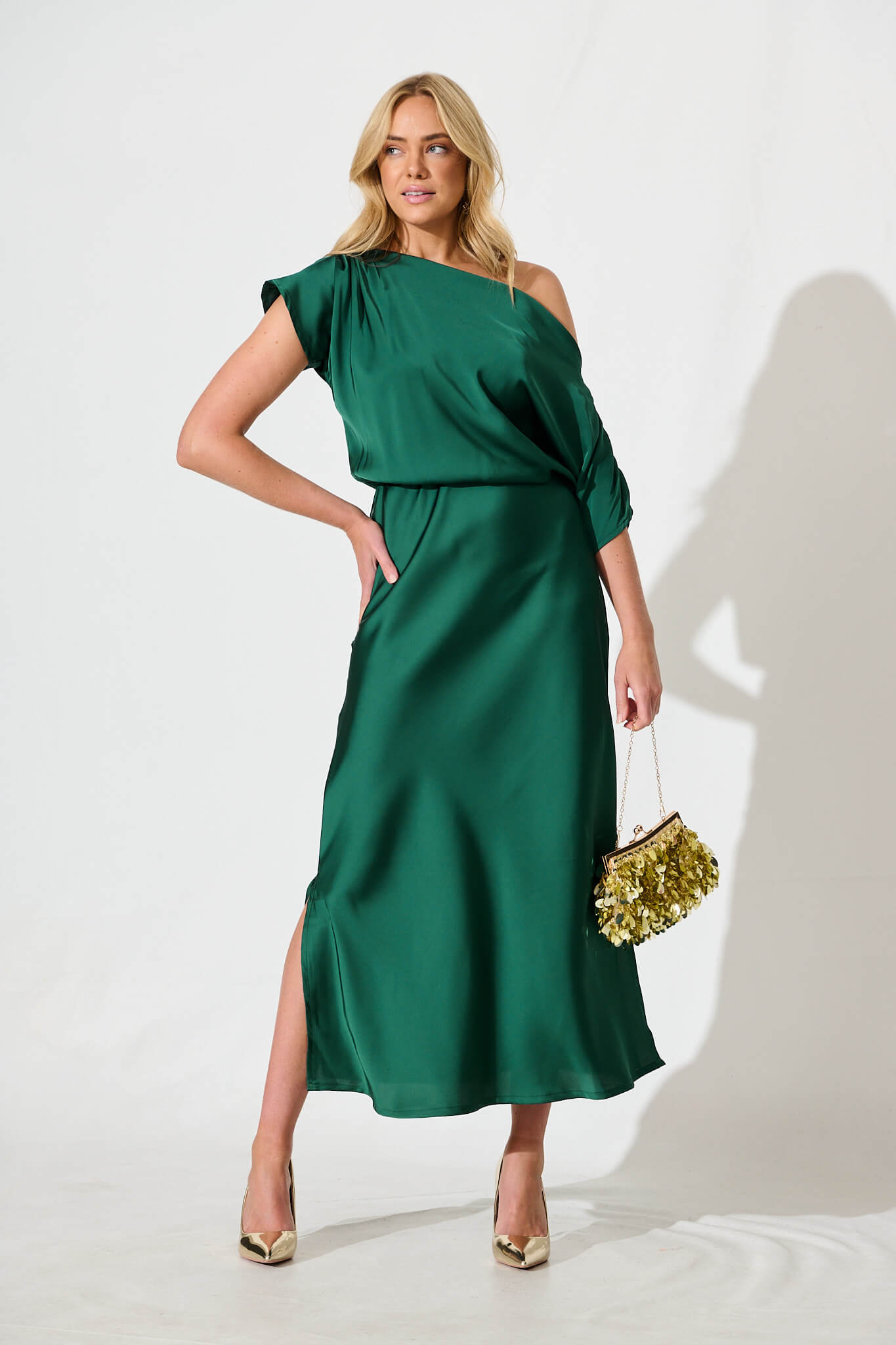 Emerald Green Satin Off-Shoulder Maxi Dress