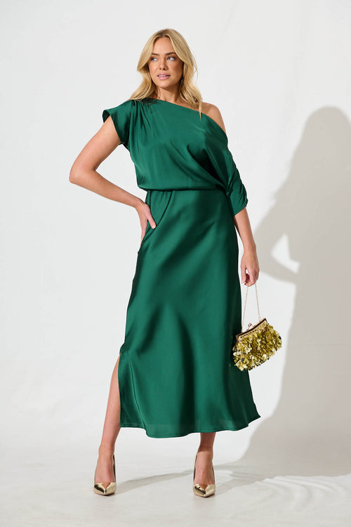 Emerald Green Satin Off-Shoulder Maxi Dress