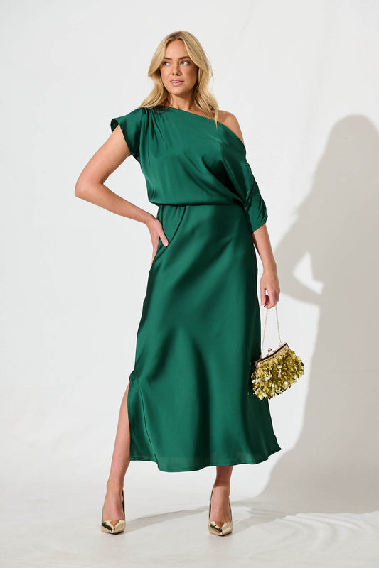 Emerald Green Satin Off-Shoulder Maxi Dress