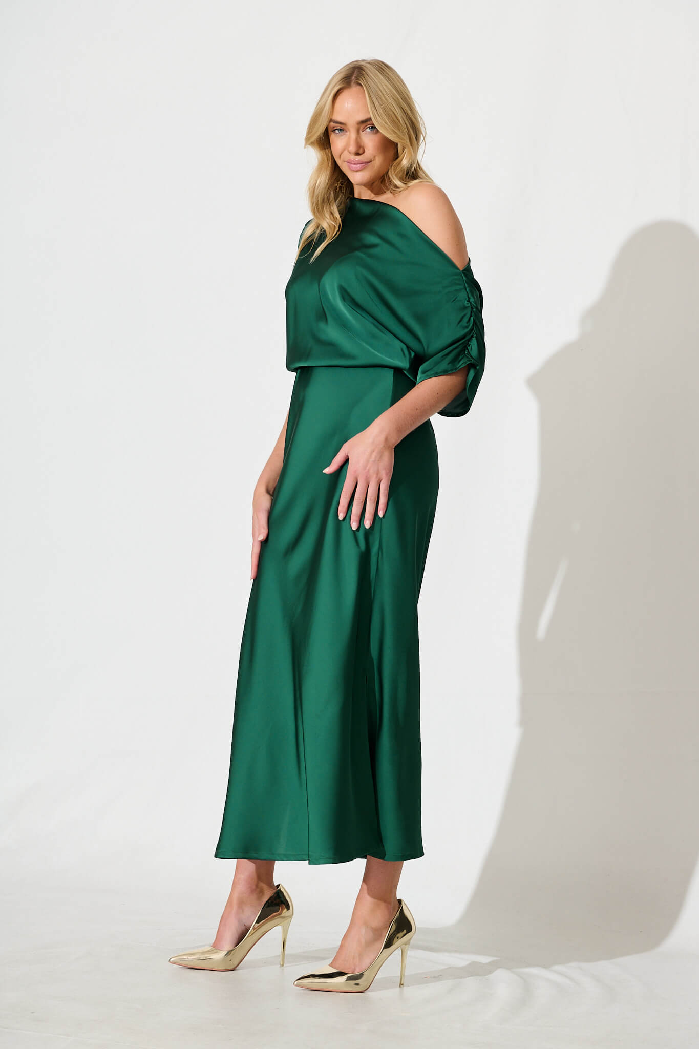 Emerald Green Satin Off-Shoulder Maxi Dress