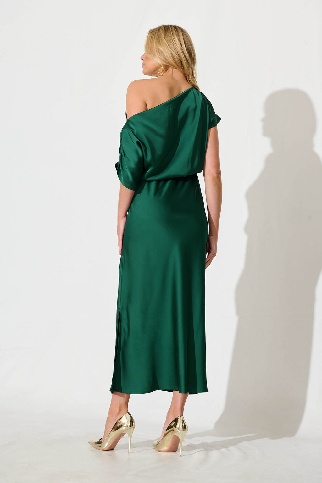 Emerald Green Satin Off-Shoulder Maxi Dress
