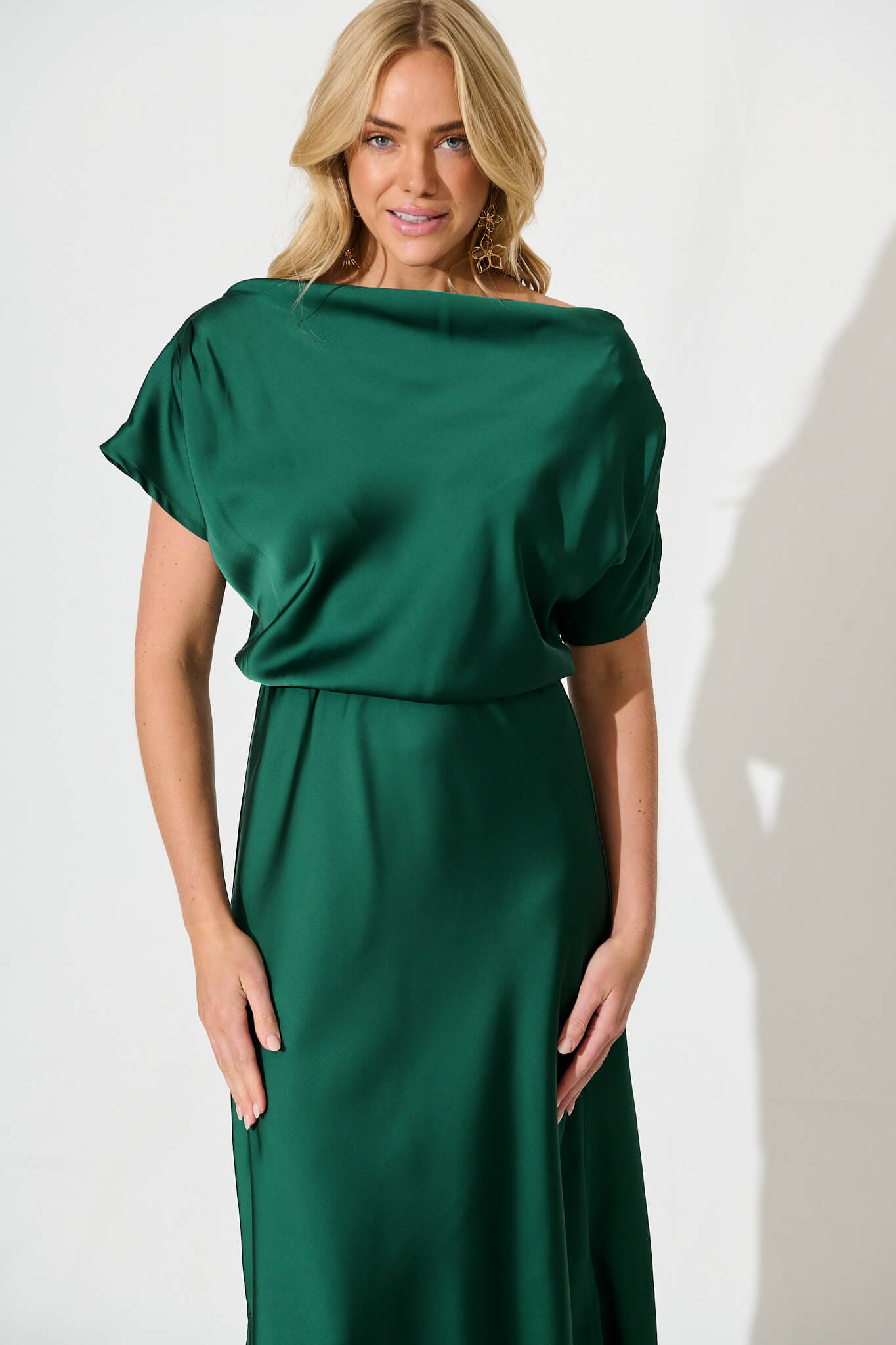 Emerald Green Satin Off-Shoulder Maxi Dress