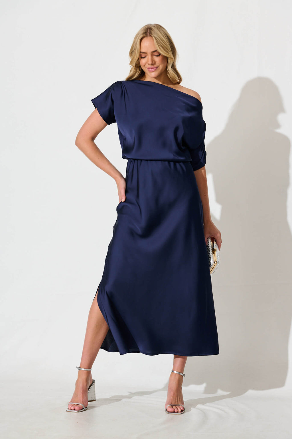 Navy Satin Off Shoulder Maxi Dress