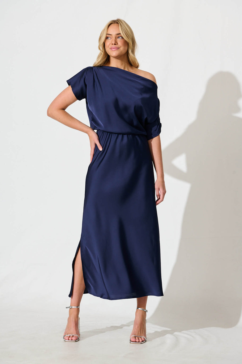 Navy Satin Off Shoulder Maxi Dress