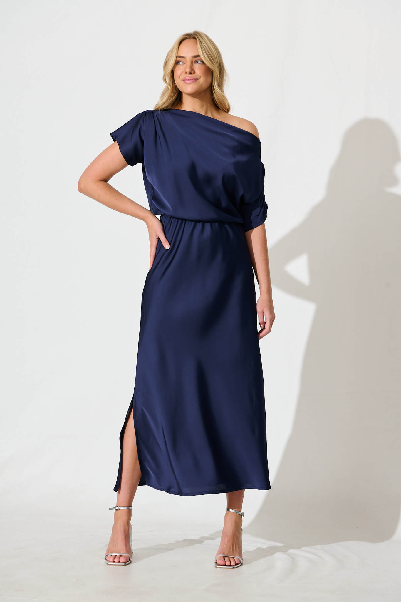 Navy Satin Off Shoulder Maxi Dress