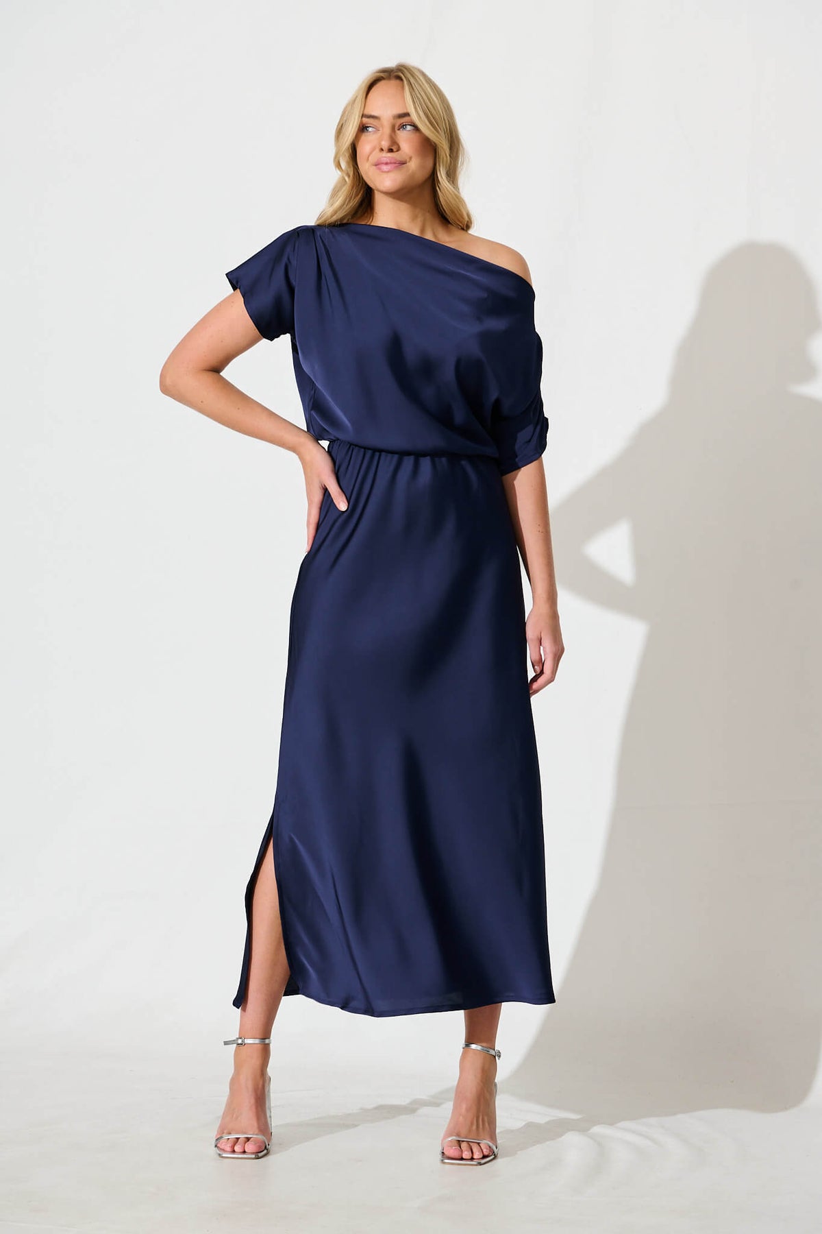 Navy Satin Off Shoulder Maxi Dress Stylavo Navy Satin Off Shoulder Maxi Dress Stylavo