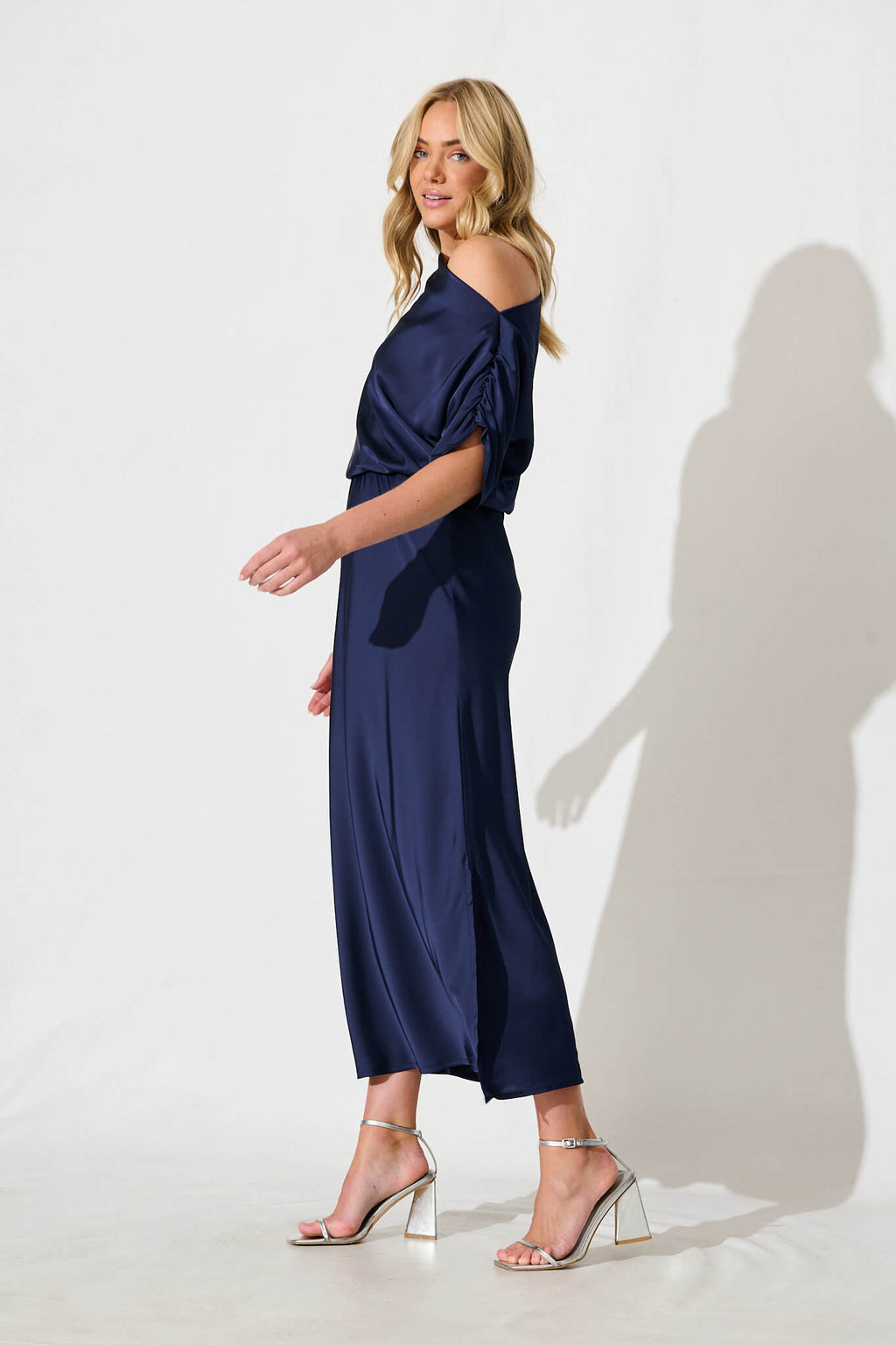 Navy Satin Off Shoulder Maxi Dress
