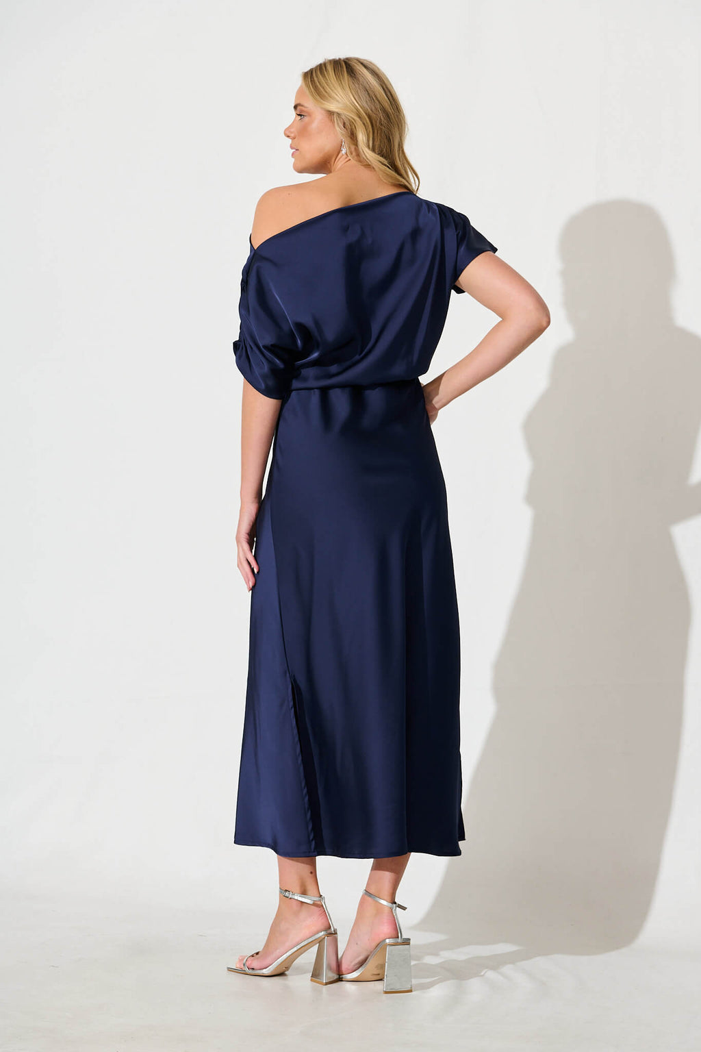 Navy Satin Off Shoulder Maxi Dress