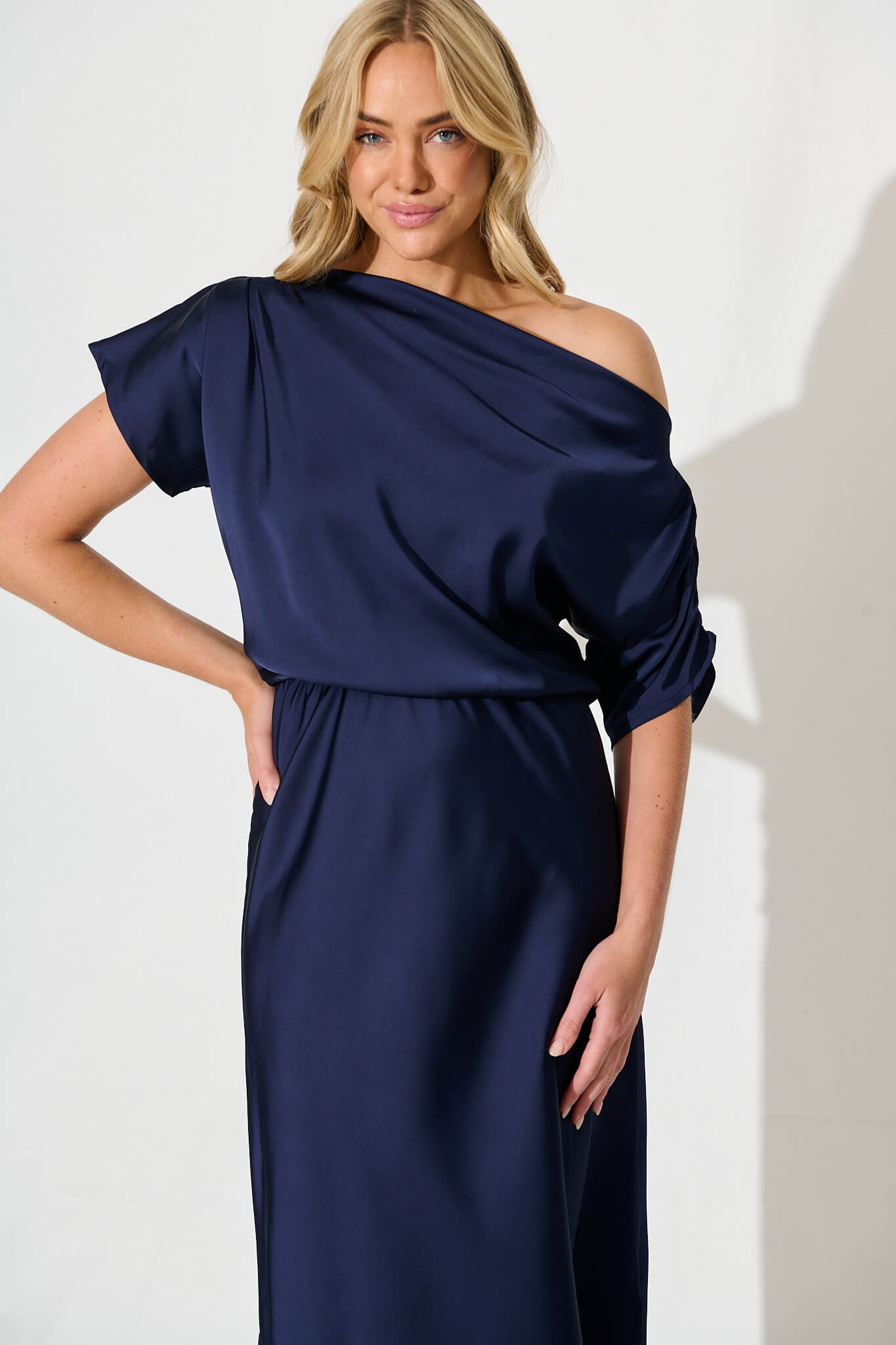 Navy Satin Off Shoulder Maxi Dress