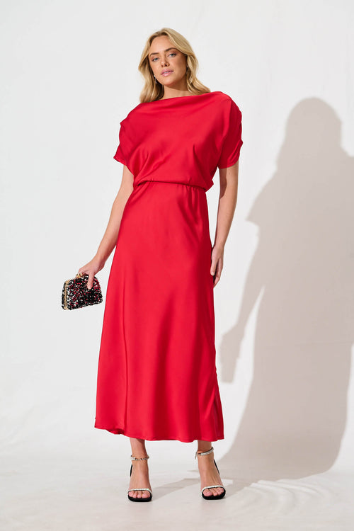 Red Satin Off Shoulder Maxi Dress