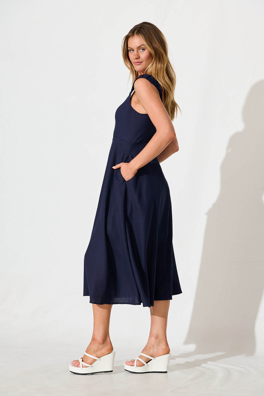 Navy Cotton Linen Midi Dress - Nikolena