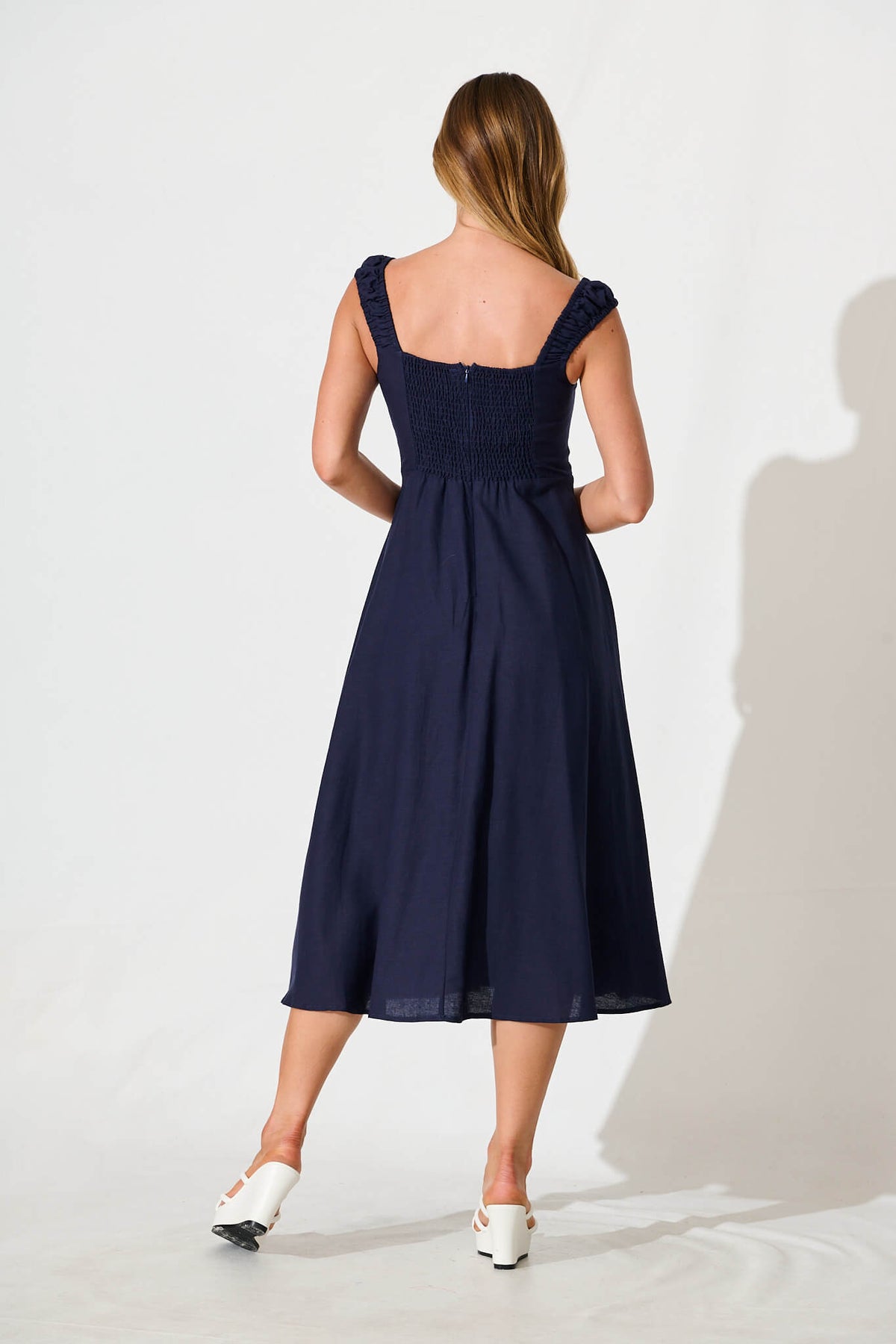 Navy Cotton Linen Midi Dress - Nikolena
