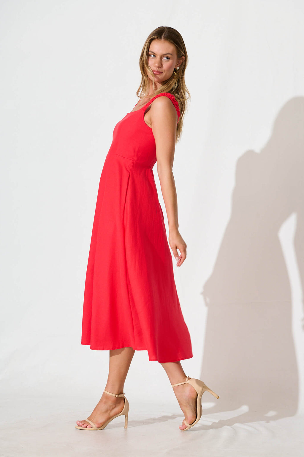 Red Cotton Linen Midi Dress by Nikolena