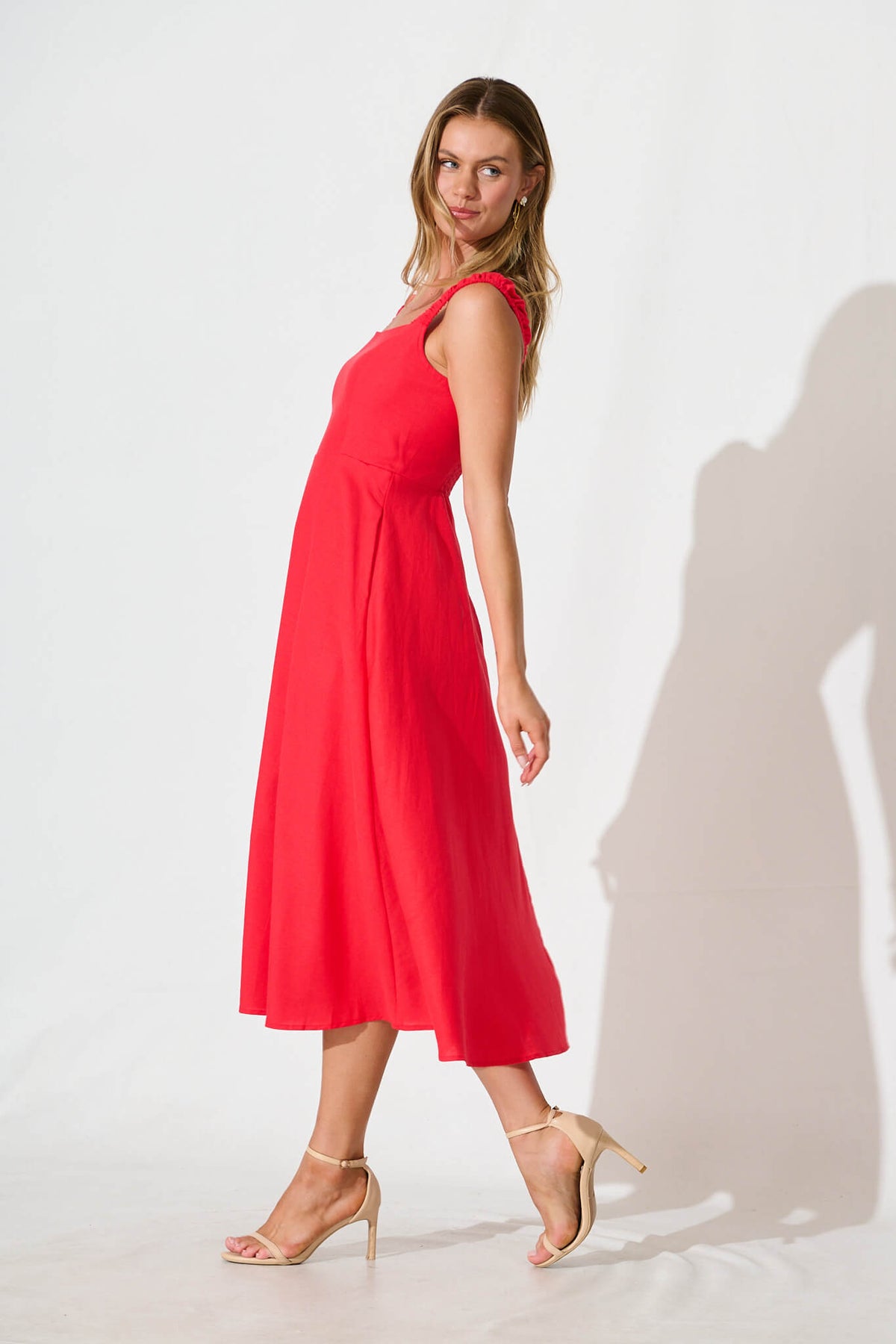 Red Cotton Linen Midi Dress by Nikolena