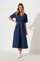 Navy Cotton Midi Dress by Rohini