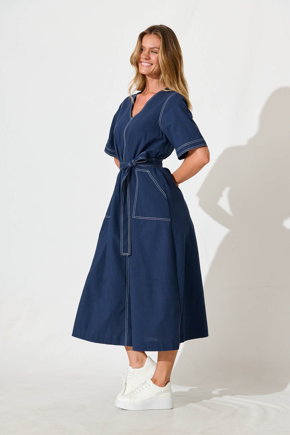 Navy Cotton Midi Dress by Rohini