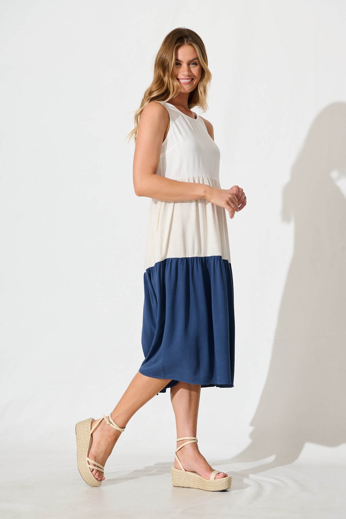 Navy Colorblock Linen Midi Dress