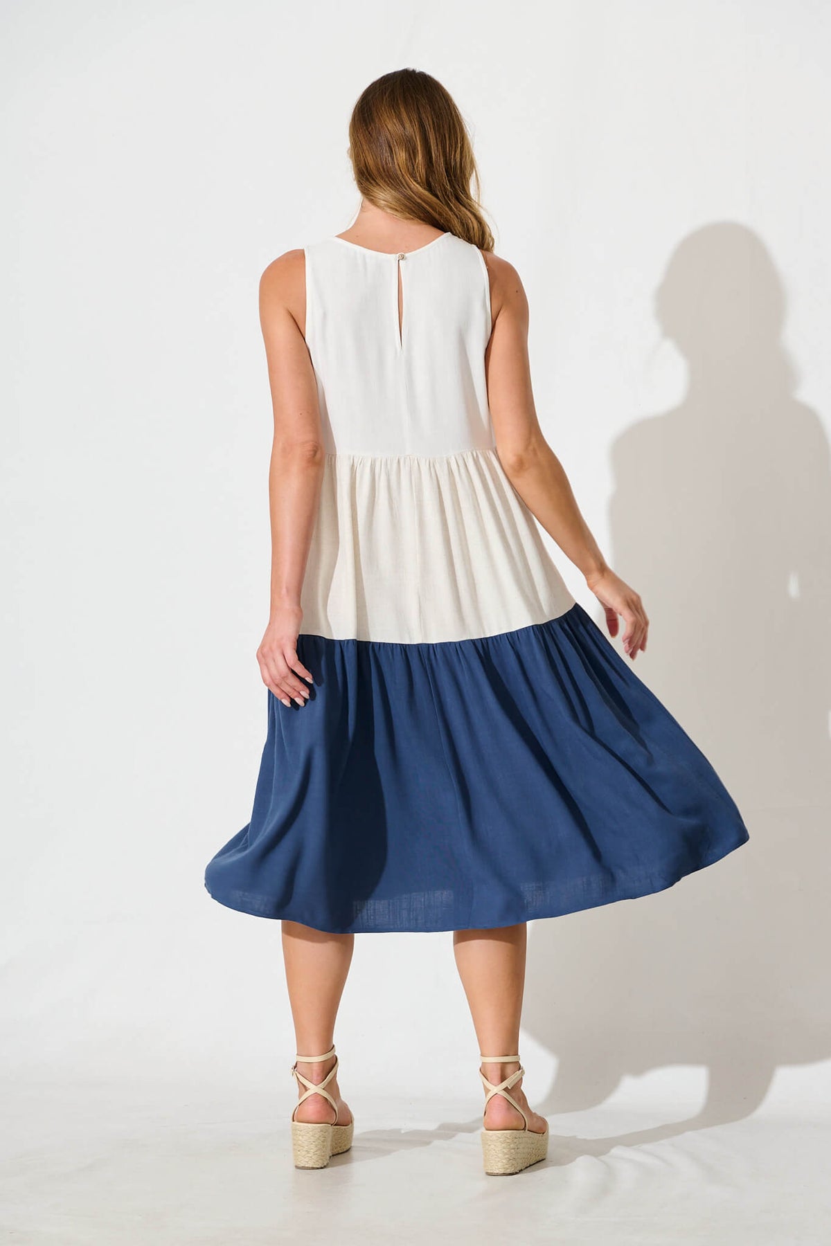 Navy Colorblock Linen Midi Dress